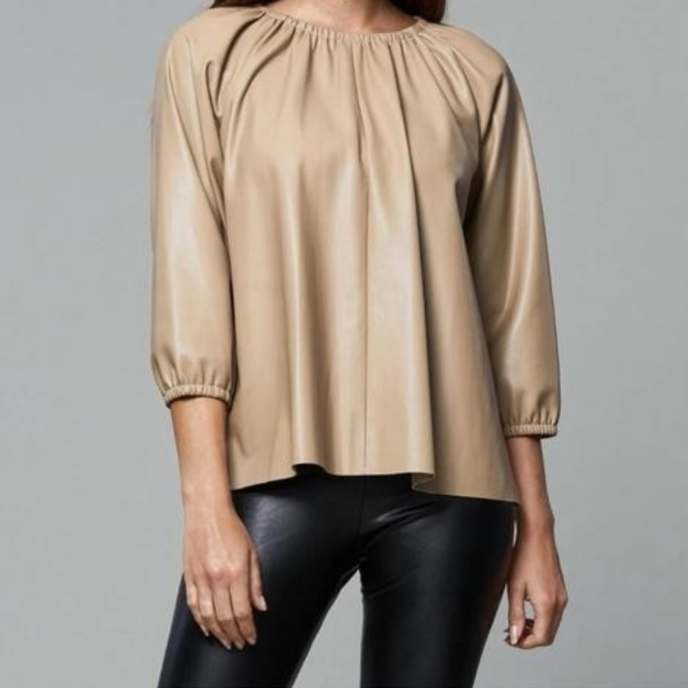NWT Taupe Faux Leather Loose Gathered Neck Balloon-Sleeve Top XL